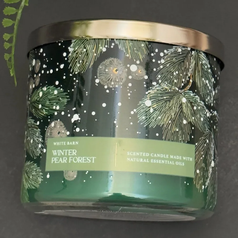BBW Winter Pear Forest White Barn Bath & Body Works 3 Wick Candle